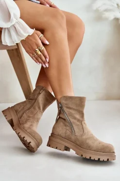 Botki Ocieplane Na Płaskim Obcasie Z Eko Zamszu Beżowe Reloma