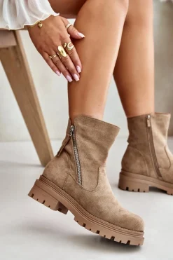 Botki Ocieplane Na Płaskim Obcasie Z Eko Zamszu Beżowe Reloma