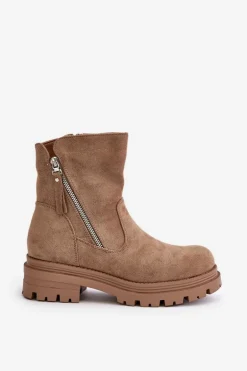 Botki Ocieplane Na Płaskim Obcasie Z Eko Zamszu Beżowe Reloma