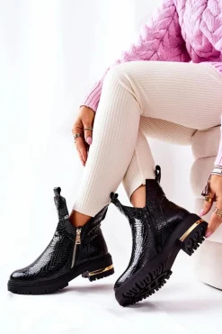 Botki Ocieplane Z Wycięciem Wzór Krokodyla Czarne Crolisia