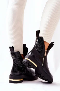 Botki Ocieplane Z Wycięciem Wzór Krokodyla Czarne Crolisia