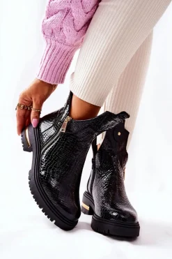 Botki Ocieplane Z Wycięciem Wzór Krokodyla Czarne Crolisia