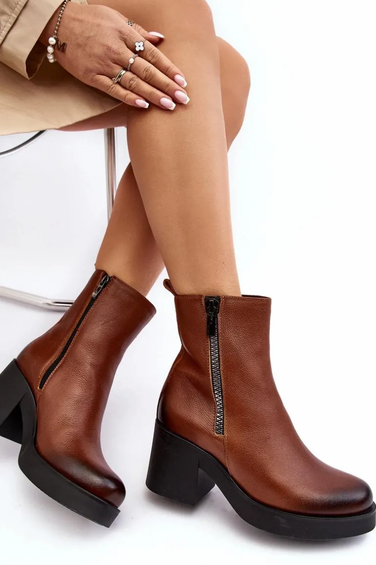 Botki Skórzane Na Masywnym Obcasie Z Suwakami Brązowe Lemar Littosa