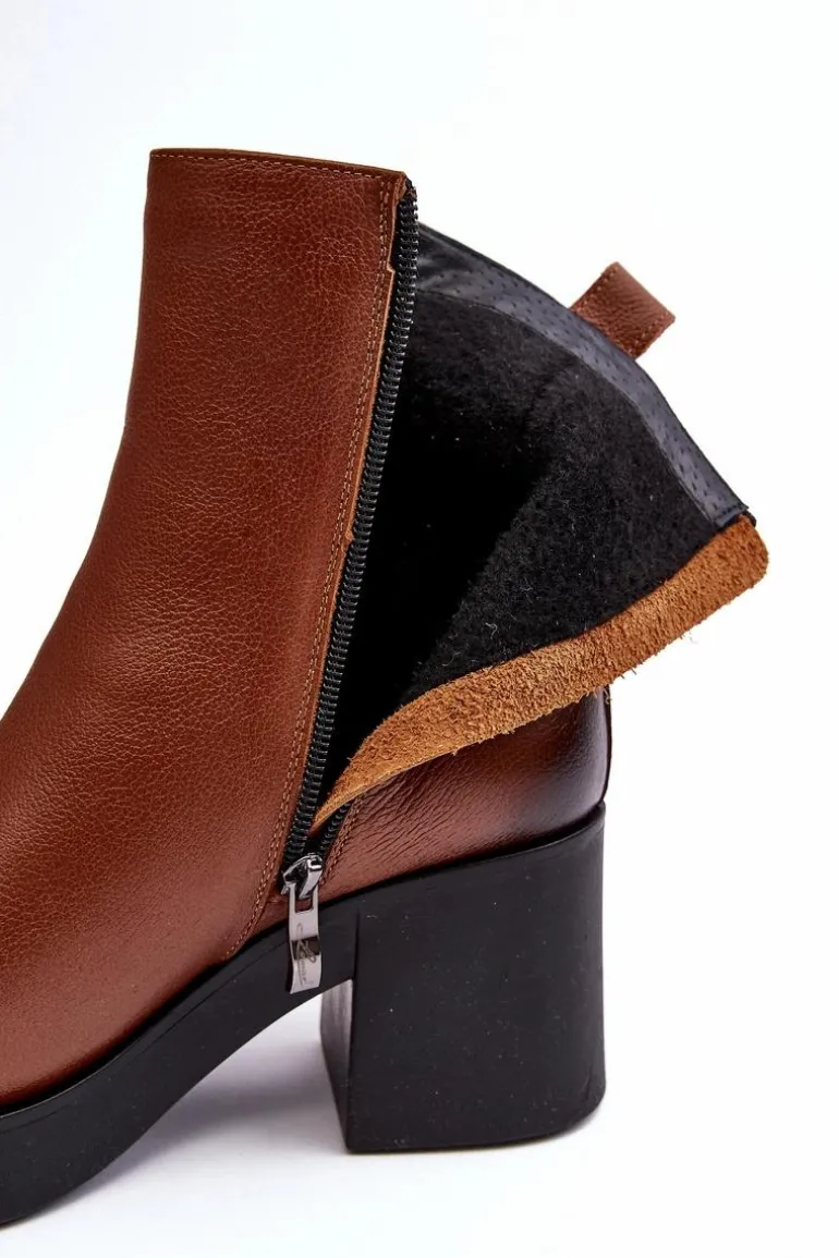 Botki Skórzane Na Masywnym Obcasie Z Suwakami Brązowe Lemar Littosa
