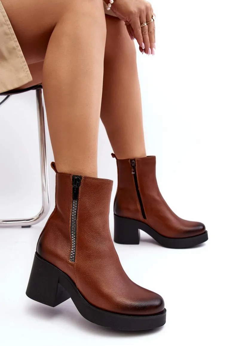 Botki Skórzane Na Masywnym Obcasie Z Suwakami Brązowe Lemar Littosa