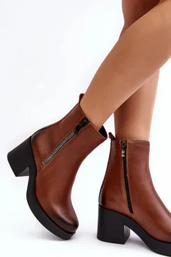 Botki Skórzane Na Masywnym Obcasie Z Suwakami Brązowe Lemar Littosa