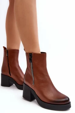 Botki Skórzane Na Masywnym Obcasie Z Suwakami Brązowe Lemar Littosa