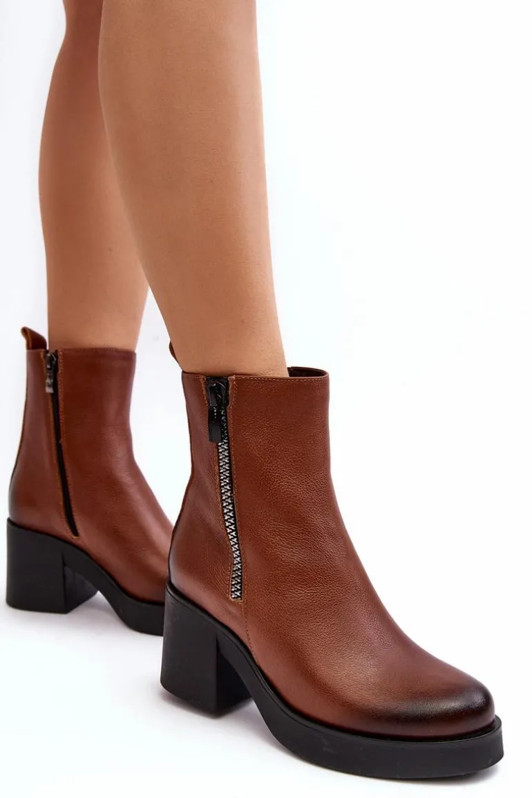 Botki Skórzane Na Masywnym Obcasie Z Suwakami Brązowe Lemar Littosa