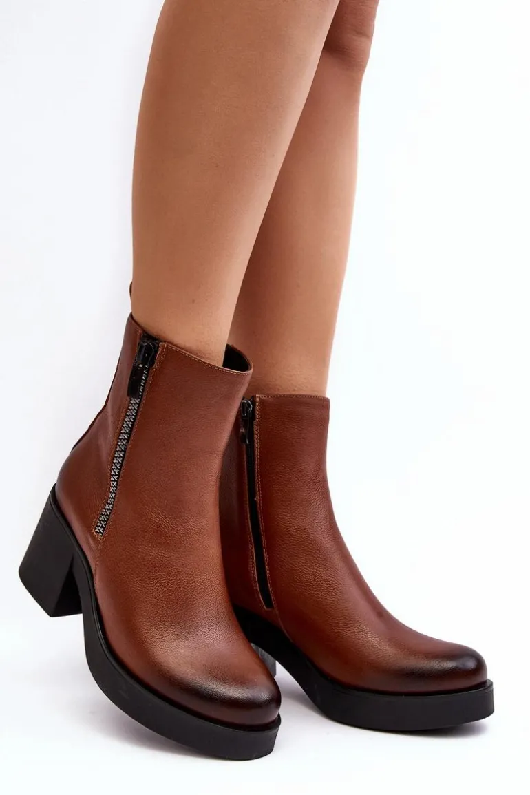 Botki Skórzane Na Masywnym Obcasie Z Suwakami Brązowe Lemar Littosa