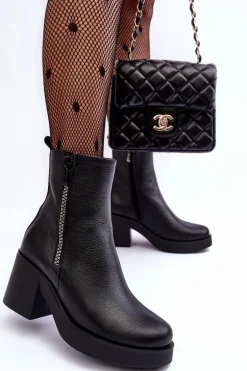 Botki Skórzane Na Masywnym Obcasie Z Suwakami Czarne Lemar Littosa