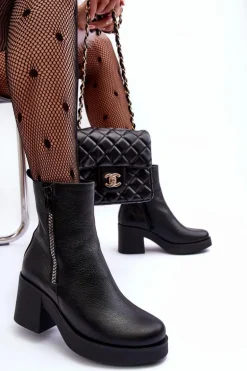 Botki Skórzane Na Masywnym Obcasie Z Suwakami Czarne Lemar Littosa