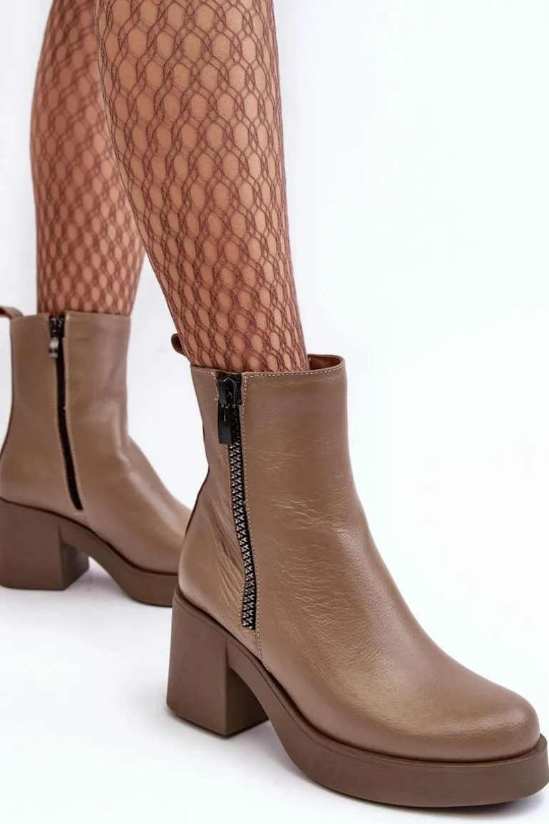 Botki Skórzane Na Masywnym Obcasie Z Suwakami Ciemnobeżowe Lemar Littosa