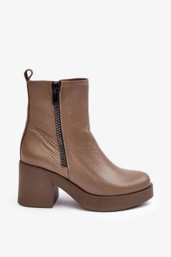 Botki Skórzane Na Masywnym Obcasie Z Suwakami Ciemnobeżowe Lemar Littosa