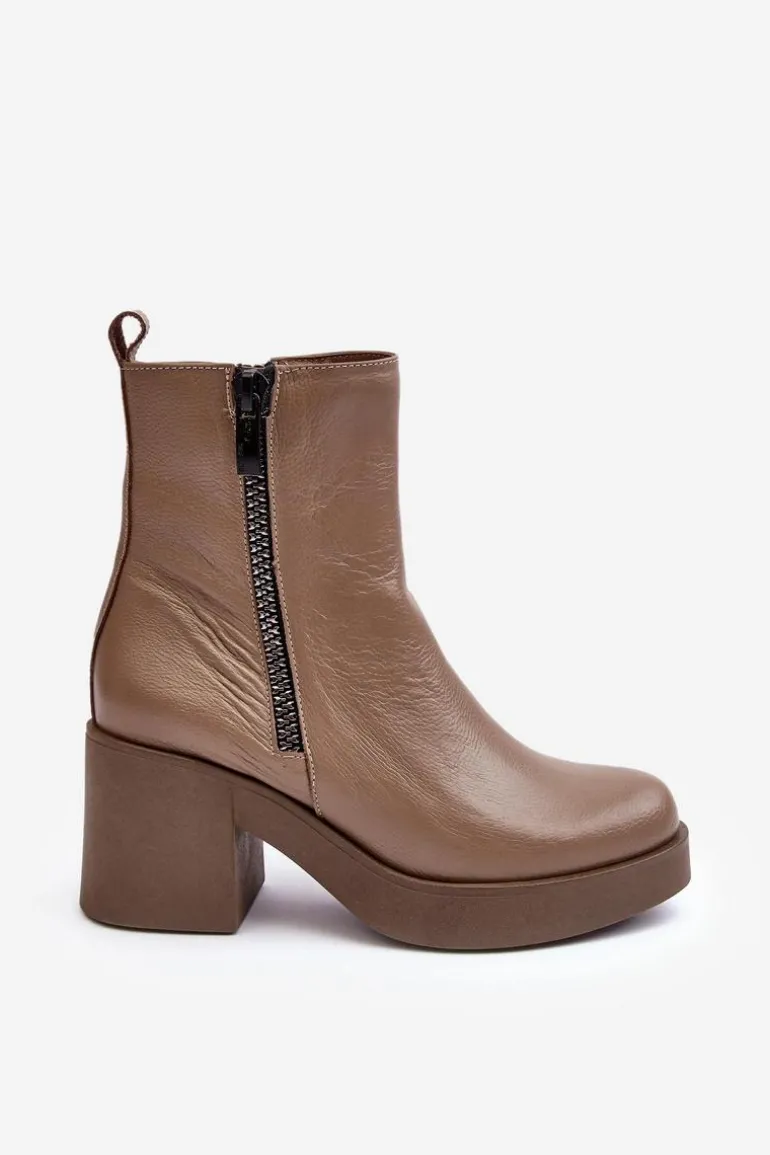 Botki Skórzane Na Masywnym Obcasie Z Suwakami Ciemnobeżowe Lemar Littosa