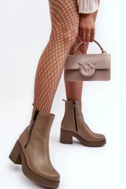 Botki Skórzane Na Masywnym Obcasie Z Suwakami Ciemnobeżowe Lemar Littosa