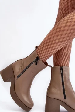 Botki Skórzane Na Masywnym Obcasie Z Suwakami Ciemnobeżowe Lemar Littosa