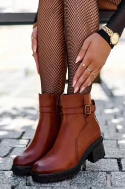 Botki Skórzane Na Niskim Obcasie Brązowe Irinaela