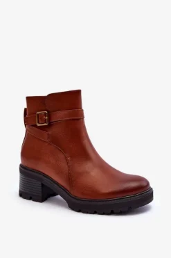 Botki Skórzane Na Niskim Obcasie Brązowe Irinaela
