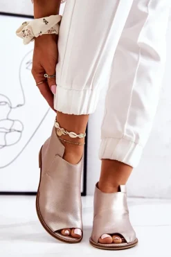 Botki Skórzane Na Obcasie Laura Messi Złote 2324