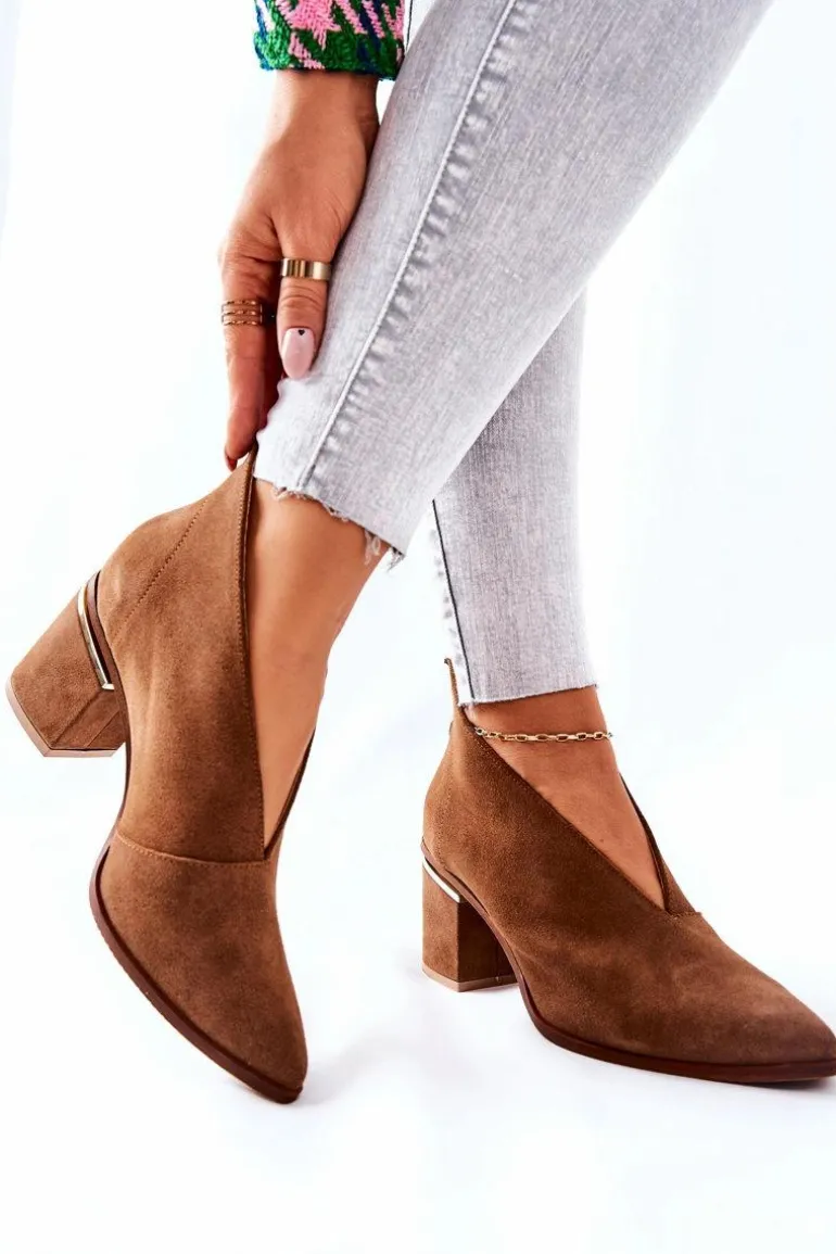 Botki Skórzane Na Obcasie Laura Messi Brązowe 2344