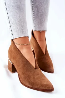 Botki Skórzane Na Obcasie Laura Messi Brązowe 2344