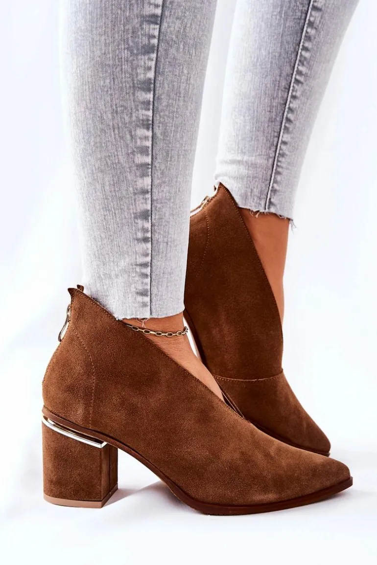 Botki Skórzane Na Obcasie Laura Messi Brązowe 2344