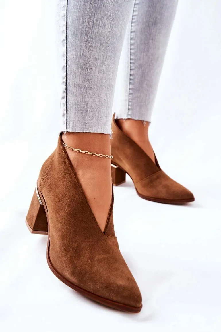 Botki Skórzane Na Obcasie Laura Messi Brązowe 2344