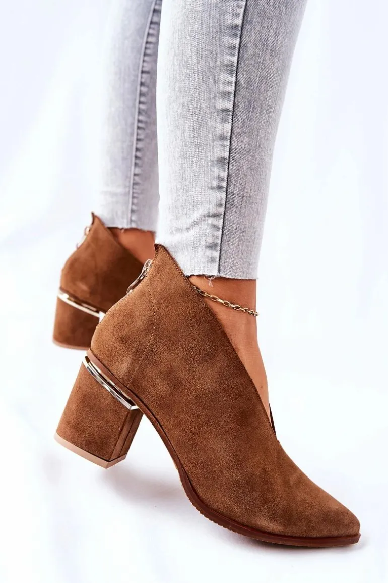 Botki Skórzane Na Obcasie Laura Messi Brązowe 2344