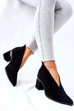 Botki Skórzane Na Obcasie Laura Messi Czarne 2344