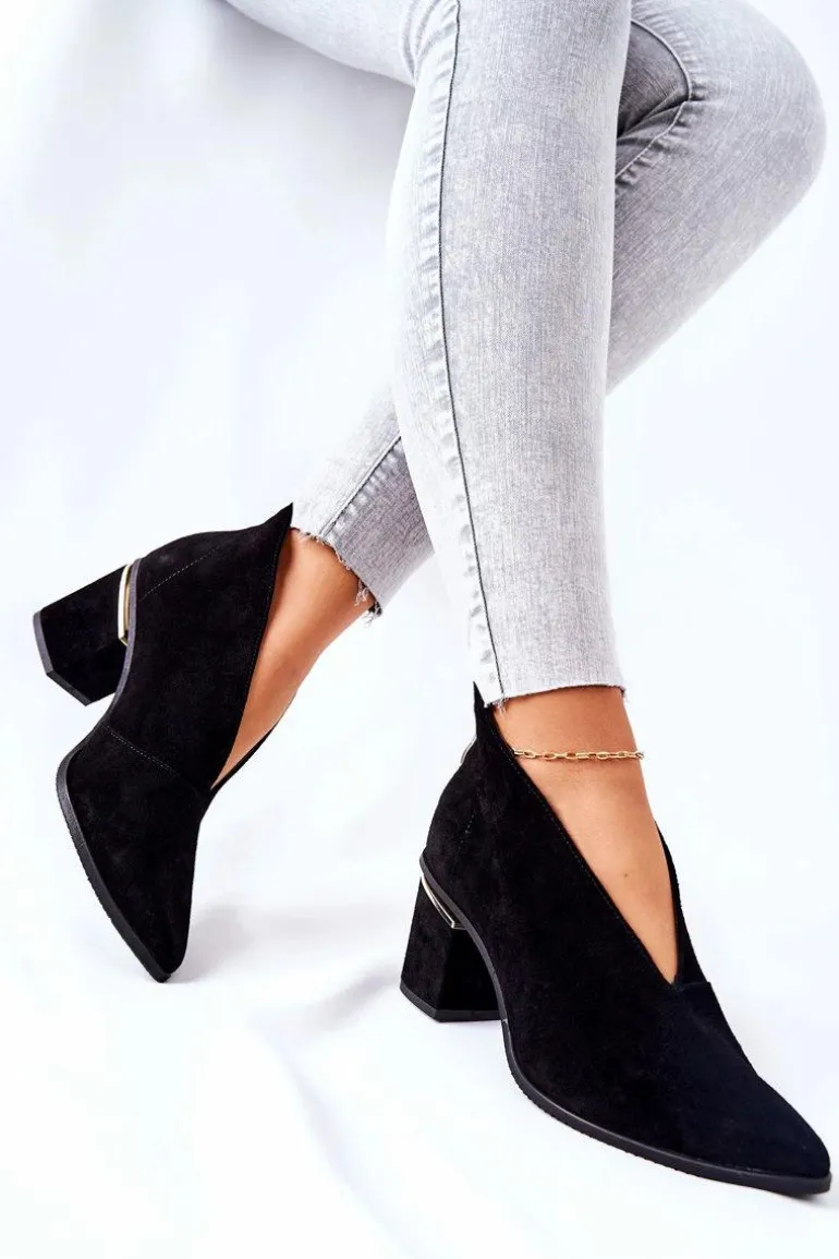 Botki Skórzane Na Obcasie Laura Messi Czarne 2344