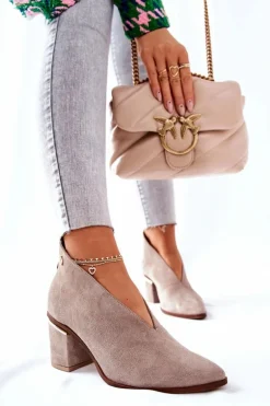 Botki Skórzane Na Obcasie Laura Messi Beżowe 2344