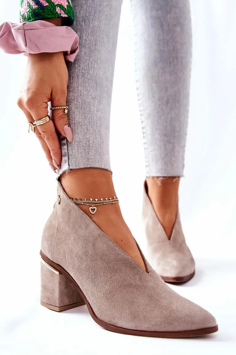 Botki Skórzane Na Obcasie Laura Messi Beżowe 2344