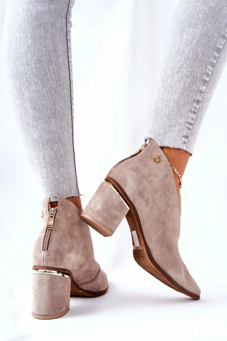 Botki Skórzane Na Obcasie Laura Messi Beżowe 2344