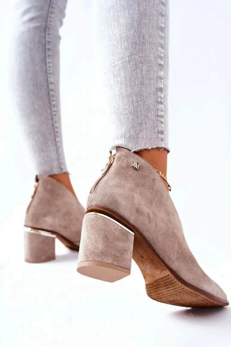 Botki Skórzane Na Obcasie Laura Messi Beżowe 2344