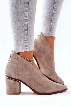 Botki Skórzane Na Obcasie Laura Messi Beżowe 2344