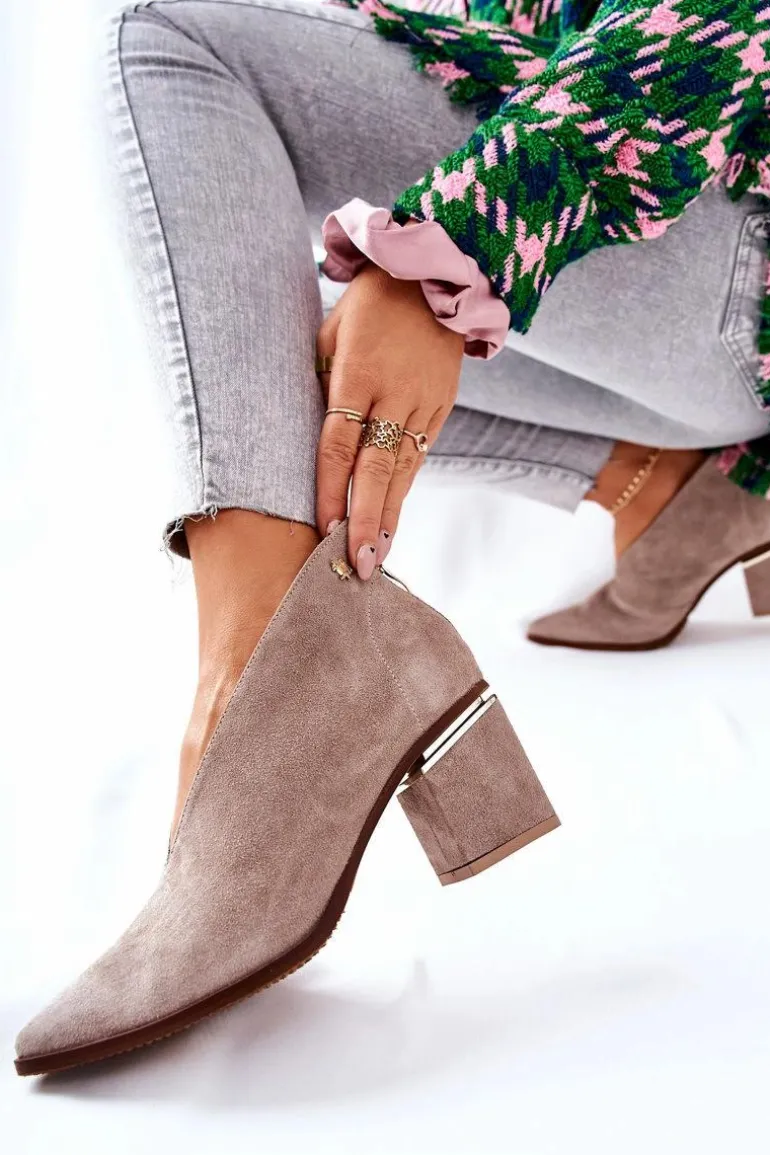 Botki Skórzane Na Obcasie Laura Messi Beżowe 2344