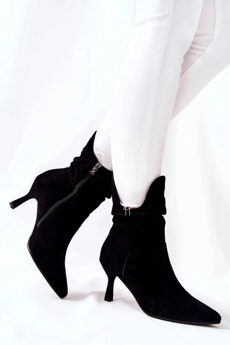 Botki Skórzane Na Obcasie Laura Messi 2427 Czarne