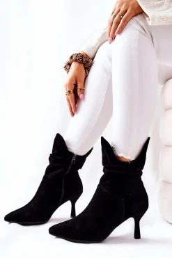 Botki Skórzane Na Obcasie Laura Messi 2427 Czarne