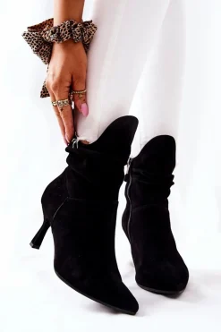 Botki Skórzane Na Obcasie Laura Messi 2427 Czarne