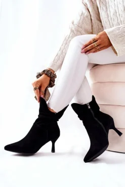 Botki Skórzane Na Obcasie Laura Messi 2427 Czarne