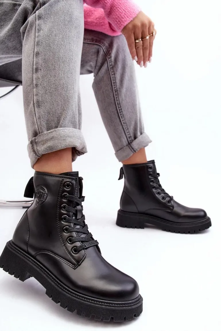 Botki Skórzane Sznurowane Czarne Big Star MM274375