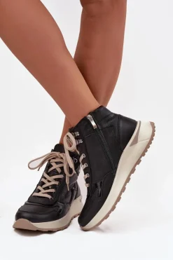 Botki Sportowe Damskie Na Platformie Z Naturalnej Skóry Zazoo Z1239 Czarne