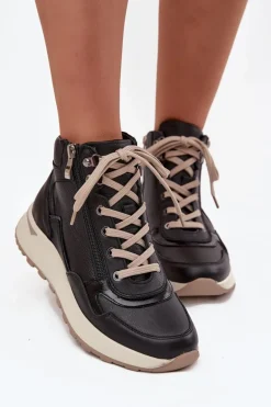Botki Sportowe Damskie Na Platformie Z Naturalnej Skóry Zazoo Z1239 Czarne