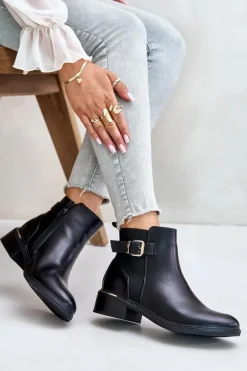 Botki Sztyblety Damskie Na Niskim Obcasie Ocieplane Ze Złotą Klamrą Czarne Inomira