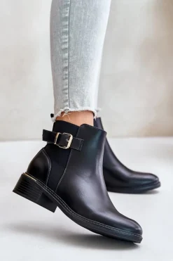 Botki Sztyblety Damskie Na Niskim Obcasie Ocieplane Ze Złotą Klamrą Czarne Inomira