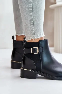 Botki Sztyblety Damskie Na Niskim Obcasie Ocieplane Ze Złotą Klamrą Czarne Inomira