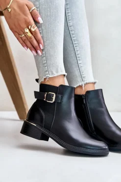 Botki Sztyblety Damskie Na Niskim Obcasie Ocieplane Ze Złotą Klamrą Czarne Inomira