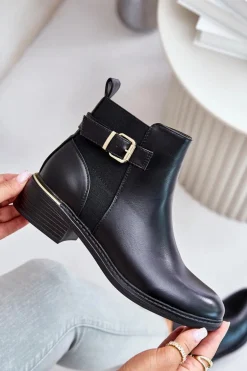 Botki Sztyblety Damskie Na Niskim Obcasie Ocieplane Ze Złotą Klamrą Czarne Inomira