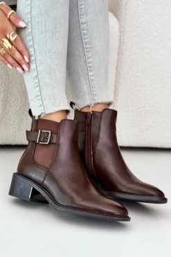 Botki Sztyblety Damskie Na Niskim Obcasie Ze Złotą Klamrą Brązowe Vomera