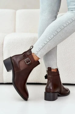 Botki Sztyblety Damskie Na Niskim Obcasie Ze Złotą Klamrą Brązowe Vomera